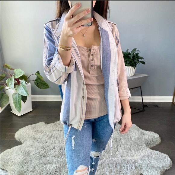 Striped Lightweight Button Down Jacket Size Large - Picture 1 of 7